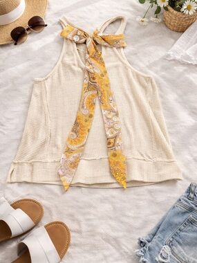 Blu Pepper Waffle Knit Tank Top Women’s L Cream Boho Tie Back Textured -  NWOT
